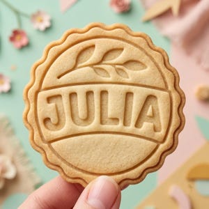 May include: A round, light tan cookie with a scalloped edge. The surface features an embossed design with a leafy branch motif at the top and the name JULIA in large, bold, capital letters across the center, with a blank space at the bottom.