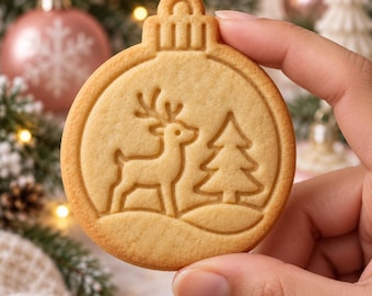 Christmas Ornament Cookie Cutter and Stamp, Reindeer and Christmas Tree Scene, Holiday Cookie Stamp, Christmas Baking Gift