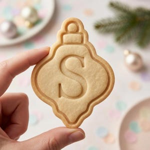 May include: A light tan, ornament-shaped sugar cookie featuring a debossed capital letter S in the center. The cookie has a smooth, baked texture with a defined border and a small loop at the top, resembling a classic holiday bauble decoration.