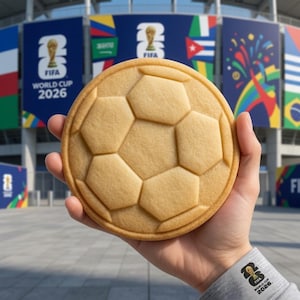 May include: A round, light brown cookie shaped like a soccer ball with embossed hexagonal and pentagonal patterns. The cookie is held against a backdrop featuring FIFA World Cup 2026 branding, including banners with the official logo and colorful graphics.
