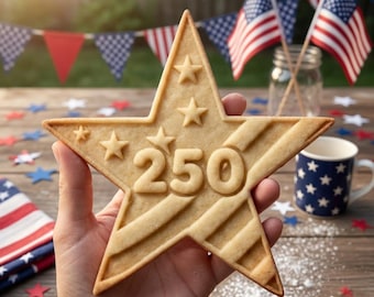Cortador y sello para galletas Estrella 250, Sello para galletas del 250 aniversario de Estados Unidos, Cortador de galletas Estrella patriótica de EE. UU. 1776–2026, Cortador de galletas del 4 de julio