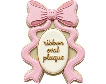 Ribbon Oval Plaque Cookie Cutter, Coquette Bow Frame Stamp, Polymer Clay Cutter, Wedding Name Plaque Mold, Birthday Label, Polyclay Tool