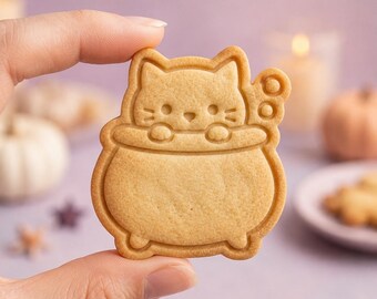 Halloween Cat Cookie Cutter and Stamp, Kawaii Witch Cookie Cutter, Cute Cat Halloween Cookie Stamp, Gift for Baker