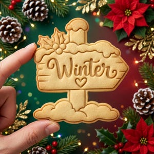 May include: A light brown, shaped sugar cookie featuring a signpost design with the word Winter embossed in the center, accompanied by a small heart icon, holly leaves, and berries, all set against a festive holiday background.