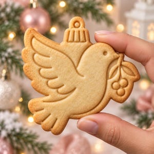 May include: A light brown, dove-shaped cookie with a molded design featuring a bird with spread wings, a small branch with berries in its beak, and a decorative loop at the top resembling a Christmas ornament hook for hanging.