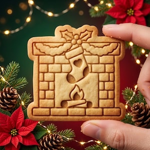 May include: A light brown, square-shaped cookie featuring an embossed design of a brick fireplace. The center of the cookie displays a hanging stocking with a heart cutout above a small fire with logs, topped with holly leaves and berries.