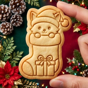 May include: A light tan, embossed cookie shaped like a Christmas stocking. The design features a cat wearing a Santa hat peeking out from the top of the stocking, with a gift box tied with a bow depicted on the lower portion of the stocking surface.