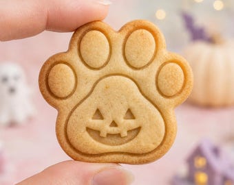 Halloween Paw Print Cookie Cutter and Stamp, Pumpkin Face Paw Cookie Cutter, Pet Halloween Cookie, Gift for Baker
