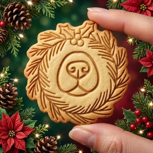 May include: A round, light brown embossed cookie featuring a central dog nose design surrounded by a detailed wreath of pine needles, holly leaves, and berries. The cookie has a scalloped edge and a smooth, baked texture with crisp, clear indentations.