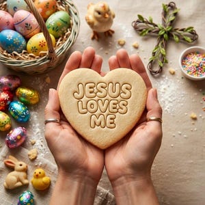 May include: A heart-shaped cookie with the words "JESUS LOVES ME" is held in cupped hands. Easter eggs, a basket, a chick figurine, a cross, and sprinkles are also visible, suggesting a religious Easter theme.