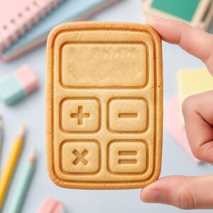 May include: A light brown, rectangular cookie shaped like a calculator. The cookie features a raised display area at the top and four square buttons below, each embossed with a mathematical symbol: a plus sign, a minus sign, a multiplication sign, and an equals sign.