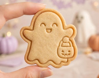 Halloween Ghost Cookie Cutter and Stamp, Kawaii Ghost with Candy Bucket, Cute Halloween Cookie Stamp, Halloween Baker Gift