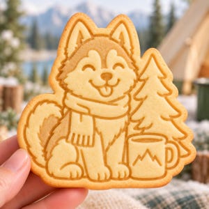 以下が含まれることがあります： スカーフを巻いたハスキー犬の形をした薄茶色のクッキー。隣には松の木と山のグラフィックが描かれたマグカップが配置されています。クッキーには、犬の毛並み、顔の表情、アクセサリーを描いたエンボス加工のラインが施されています。