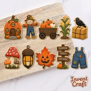 May include: A set of ten autumn-themed sugar cookies featuring a pumpkin house, a scarecrow, a wagon with pumpkins, corn stalks, a crow on a hay bale, mushrooms, a lantern, a jack-o'-lantern leaf, a sign reading PUMPKIN PATCH HAY RIDES, and overalls.