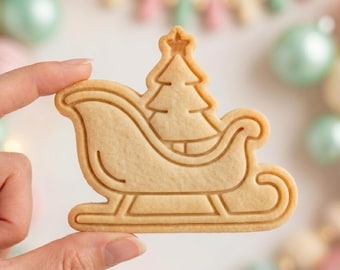 Christmas Sleigh Cookie Cutter, Cute Holiday Sled Tree Star Stamp, Polymer Clay Cutter, Winter New Year Celebration Party Gift Mold, Plaque