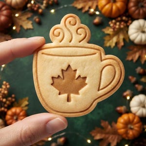 May include: A light tan, circular biscuit shaped like a mug with a handle on the right side. The biscuit features an embossed maple leaf design in the centre and a steam swirl pattern at the top, representing a hot beverage in a cup.