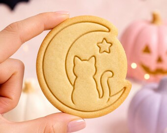 Halloween Cat Moon Cookie Cutter and Stamp, Witch Cat Crescent Moon Cookie Cutter, Halloween Baker Gift