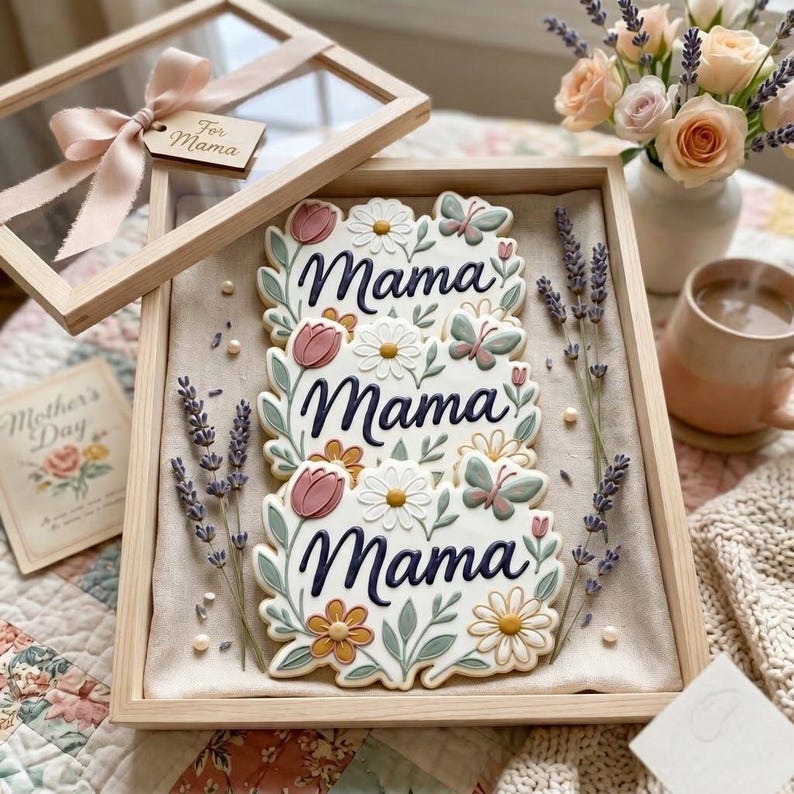 Może przedstawiać: Drewniane pudełko z przezroczystą pokrywą, zawierające trzy ciasteczka ozdobione słowem "Mama" w kursywie, otoczone kwiatami i motylami. Pudełko zawiera r&oacute;wnież etykietę z napisem "For Mama".
