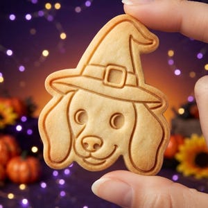 Cortador y sello para galletas de Halloween con forma de perro bruja, cortador de galletas con forma de cara de perro y sombrero de bruja, regalo para reposteros en Halloween