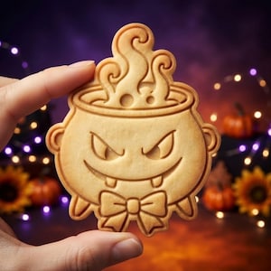 May include: A light brown cookie shaped like a cauldron with a debossed design of a sinister face, a bow tie at the bottom, and swirling steam rising from the top. The cookie features sharp eyes, fangs, and a rounded pot silhouette.