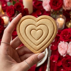 May include: A heart-shaped cookie with concentric heart designs. The cookie is held in a hand, with a background of red roses, candles, and a red tablecloth. The cookie is a light brown color.