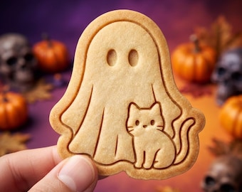Halloween Ghost With Cat Cookie Cutter and Stamp, Ghost with Cat Cookie Cutter, Spooky Cat Halloween Cookie Stamp, Halloween Baker Gift