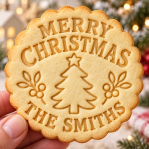 May include: A round, scalloped-edge sugar cookie featuring an embossed design. The text MERRY CHRISTMAS is at the top, and THE SMITHS is at the bottom. A central Christmas tree with a star on top is flanked by two sprigs of holly berries.
