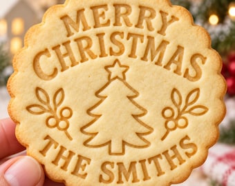 Cortador e carimbo de biscoitos natalinos personalizados com o nome da família, lembrança natalina personalizada.