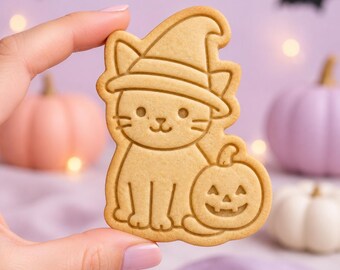 Halloween Witch Cat Cookie Cutter and Stamp, Jack-o-Lantern Cookie Cutter, Spooky Cat Pumpkin, Halloween Baker Gift