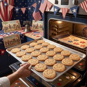 K&ouml;nnte beinhalten: Ein Backblech mit runden Keksen, jeweils mit "AMERICA 250" bedruckt. Der Ofen ist ge&ouml;ffnet und zeigt sternf&ouml;rmige Kekse. Patriotische Dekorationen mit Flaggen und Wimpeln feiern einen Nationalfeiertag.