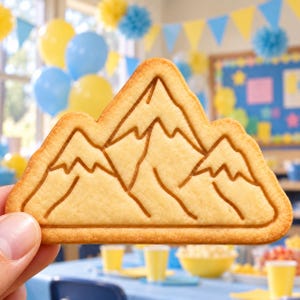 May include: A light tan, triangular-shaped sugar cookie featuring an embossed mountain range design with snow-capped peaks. The cookie has a smooth, baked texture and a defined border, showcasing a clear, recessed outline of the mountain peaks.