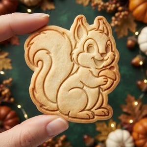 May include: A light tan cookie shaped like a squirrel holding an acorn. The cookie features a detailed embossed design of a squirrel with a large bushy tail, pointed ears, and a smiling face, with clear outlines defining the animal's features.