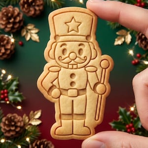 May include: A light brown, flat, nutcracker-shaped cookie with embossed details including a star on the hat, a mustache, and a staff. The cookie features a smooth, baked texture and is held by fingers against a dark green and red background.