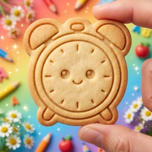 May include: A light brown, round cookie shaped like an alarm clock with a stamped face featuring two small eyes and a smiling mouth. The cookie has embossed clock hands and hour markers, with two rounded bells at the top and two small feet at the bottom.