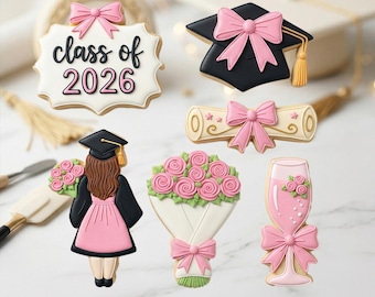 6pc Pink Graduation 2026 Cookie Cutter Set, Grad Girl Bouquet Diploma Cap Bow, Polymer Clay Cutter, Senior 2026 Party, Polyclay Mold Set