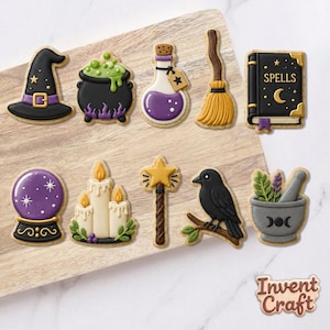 May include: A set of ten decorated sugar cookies featuring a black witch hat, a bubbling cauldron, a purple potion bottle, a broom, a book labeled SPELLS, a crystal ball, three candles, a star wand, a black crow, and a mortar and pestle.