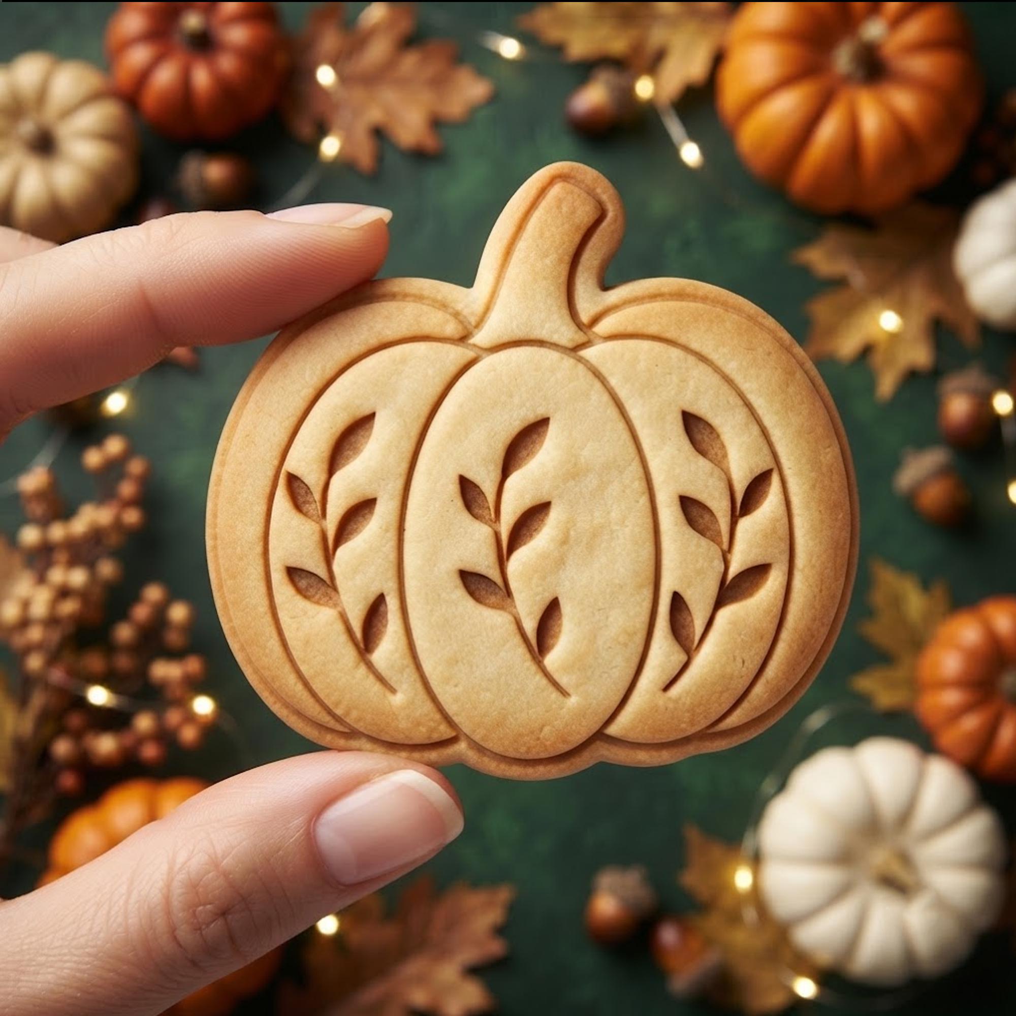Pumpkin Cookie Cutter and Stamp, Botanical Leaf Sprig Pumpkin Cookie Stamp, Fall Harvest Cookie Cutter, Thanksgiving Baker Gift