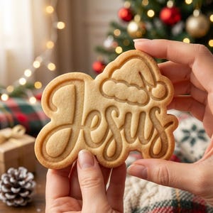 Jesus Cookie Cutter and Stamp, Christmas Religious Cookie Cutter, Cursive Script with Santa Hat, Christian Holiday Baker Gift