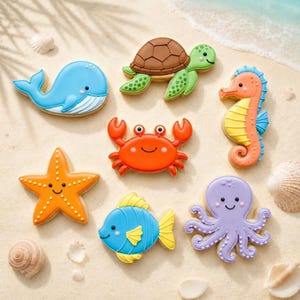 May include: Assortment of colorful, decorated cookies in the shape of sea creatures, including a blue whale, a green turtle, an orange starfish, a red crab, a blue fish, a seahorse, and a purple octopus. The cookies are arranged on a sandy surface.