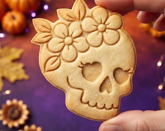 Floral Skull Cookie Cutter and Stamp, Day of the Dead Cookie Cutter, Floral Skull Cookie Stamp, Halloween Baker Gift