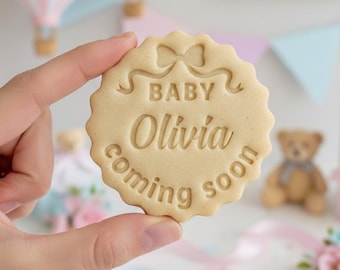 Personalized Baby Coming Soon with Bow Custom Cookie Cutter & Stamp, Custom Cookie, Baby Shower Cutters, Cookie Cutter Stamp Set, Baby Gift