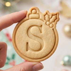 Personalized Christmas Ornament Cookie Cutter and Stamp, Monogram Initial Letter, Holly Bauble Cookie Stamp, Holiday Baking Gift