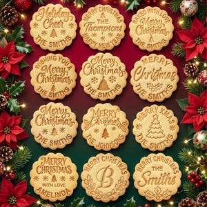 May include: Twelve round, scalloped-edge light beige cookies featuring embossed holiday text and designs, including phrases like Merry Christmas, The Smiths, The Thompsons, and The Johnsons, with various pine tree and holly motifs.