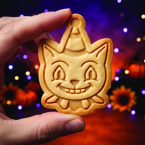 Cortador y sello para galletas de Halloween con forma de gato y sombrero de bruja, sello para galletas con cara de gato espeluznante, regalo para hornear en Halloween