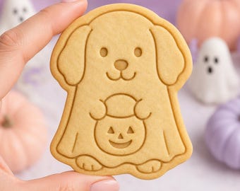 Halloween Dog Cookie Cutter and Stamp, Puppy with Jack-o-Lantern, Golden Retriever Halloween Cookie, Gift for Dog Lover Baker