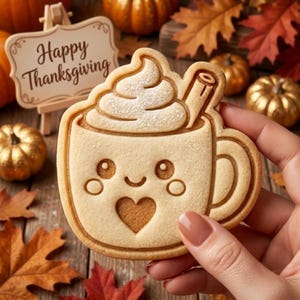 May include: A light-colored, mug-shaped cookie featuring a smiling face, a heart-shaped center, and a whipped cream topping with a cinnamon stick. The cookie has a smooth, baked texture and is held up against a background of autumn leaves and pumpkins.