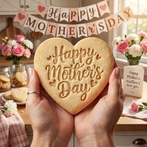 May include: A heart-shaped cookie with "Happy Mother's Day" embossed on it, held in cupped hands. A banner with the same message hangs in the background, along with pink flowers and a greeting card. The cookie is a light brown color.