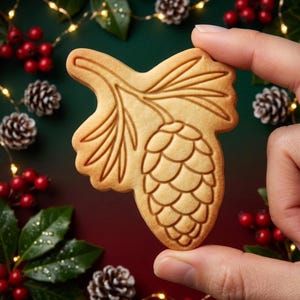 May include: A light brown, baked cookie shaped like a pine cone with attached pine needles. The surface of the cookie features a deeply embossed, detailed outline of a single pine cone and a small branch with needles, creating a textured design.