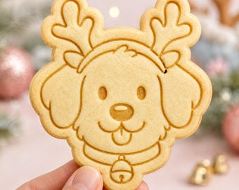 Christmas Dog Cookie Cutter and Stamp, Reindeer Antler Dog Face Cookie Cutter, Cute Dog Christmas Cookie, Gift for Dog Lover Baker