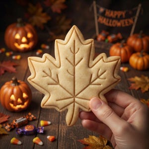 May include: A light tan, maple leaf-shaped sugar cookie with embossed vein details. The cookie features a crisp, defined outline and a smooth surface texture, showcasing a classic autumn-inspired design suitable for seasonal celebrations.